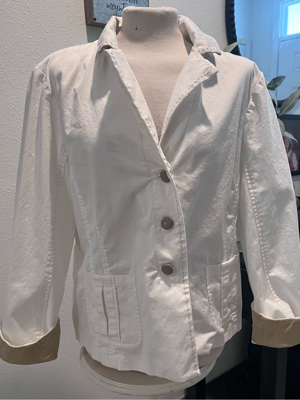 Joan Rivers Classics White Blazer with Taupe Cuff Detail & Buttons